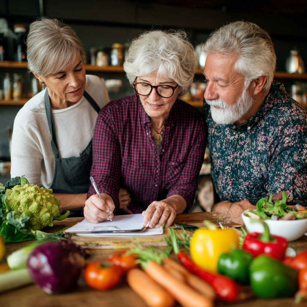 Mature adults planning healthy meals with nutrition specialist
