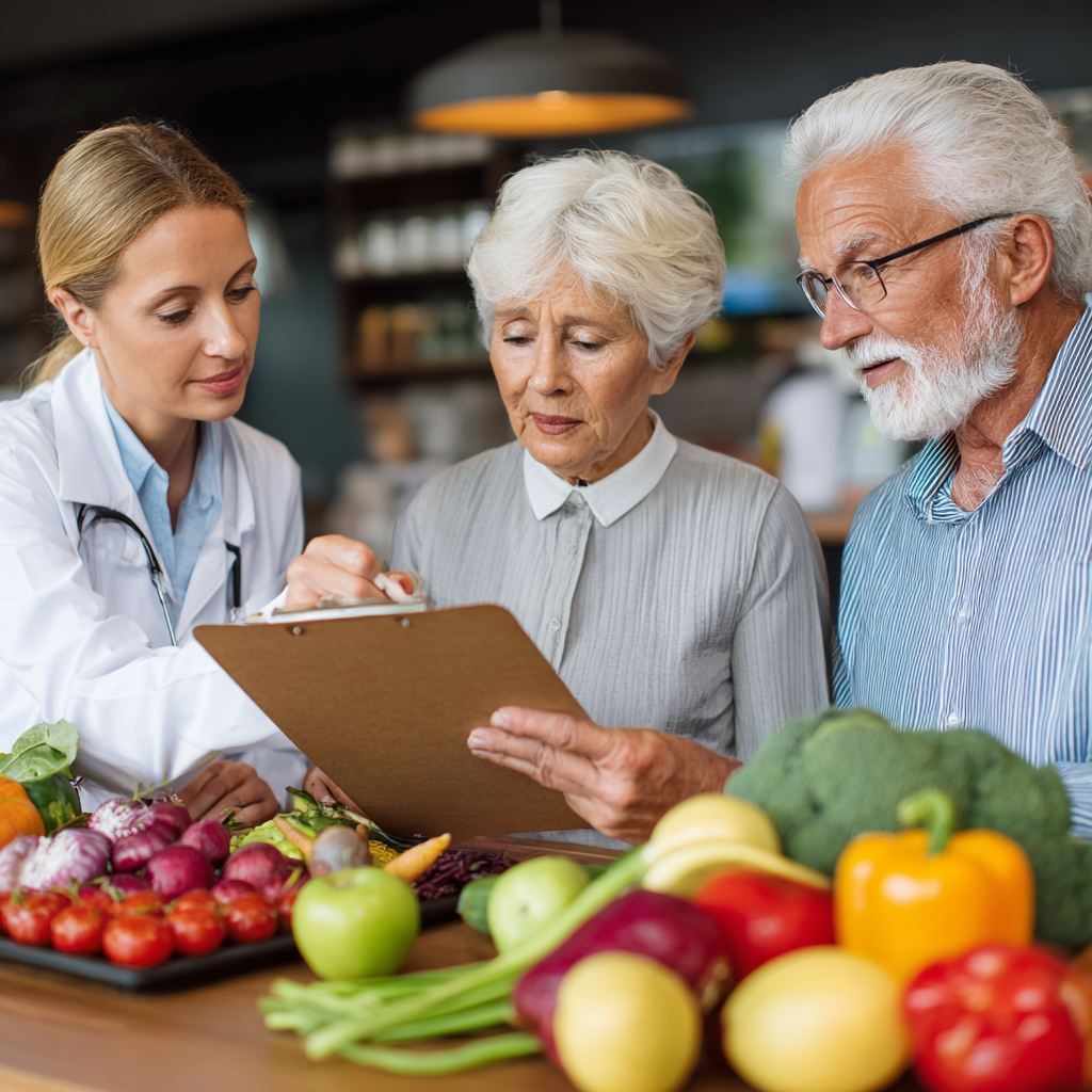Professional nutritionist consulting with older adults about healthy eating plans